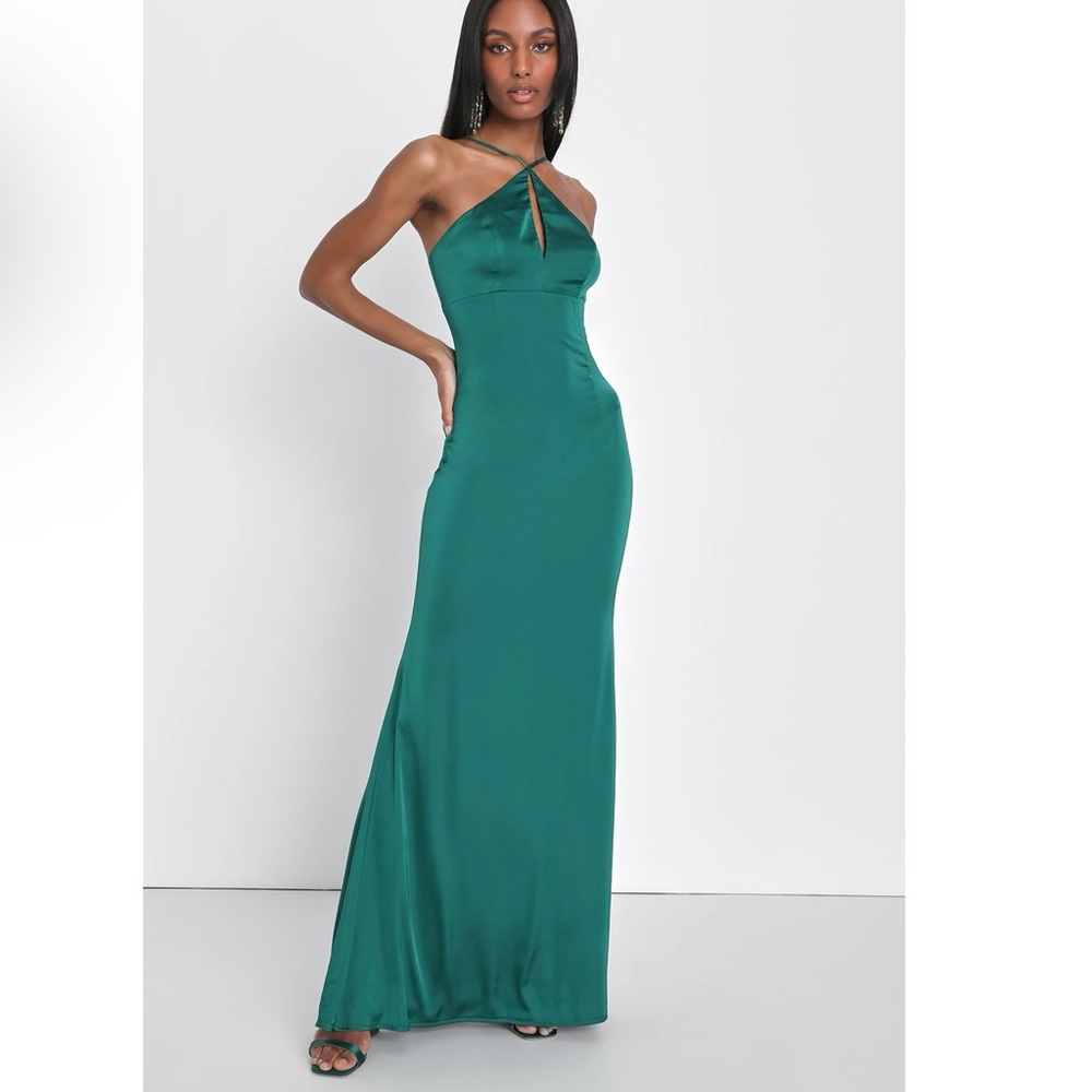 Lulus Lustrous Love Emerald Satin Halter Cutout Mermaid Maxi Dress NWT